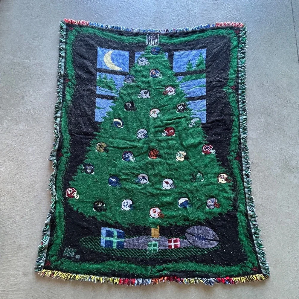 Vintage 90s NFL Christmas Tree Helmet Knit Throw Blanket Woven Tapestry 44x 54.5
